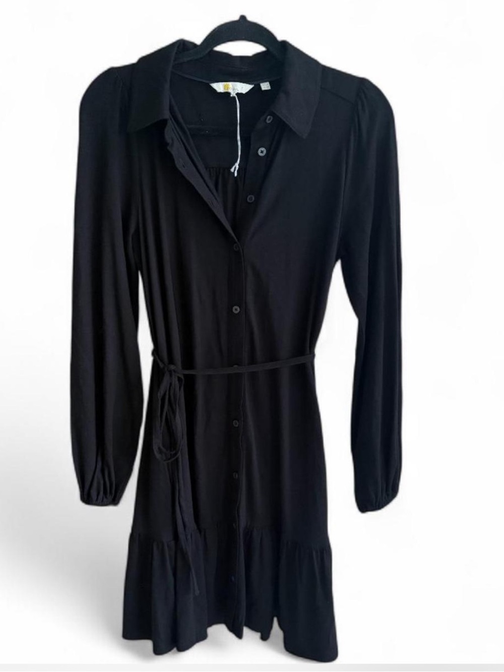 Boden Black Long-Sleeve Button Front Shirt Dress with Waist Tie